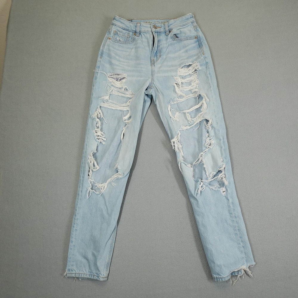 American Eagle Mom Jean Women 0 Blue Distressed Ripped High Rise Denim Pants